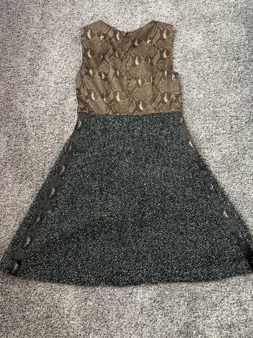 Elie Tahari Brown Snake-Print Bodice Black Tweed A-Line Midi Dress